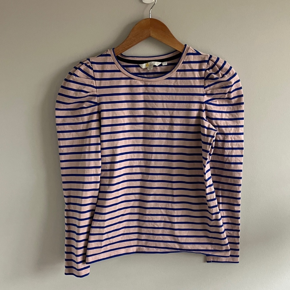 Striped Puff-Sleeve Long Sleeve Top - Pink & Navy